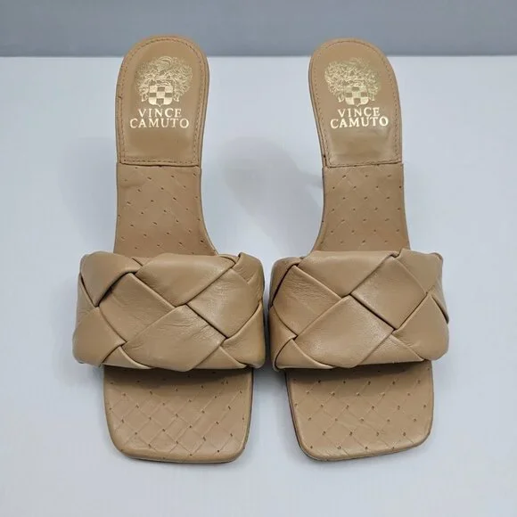 Vince Camuto Brelanie Braided Sandal Womens 8 Tan Woven Leather Mule Heels NEW - Picture 4 of 14
